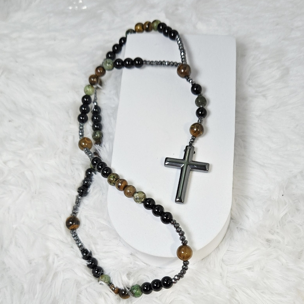 Tiger Eye African Turquoise Rosary Necklace Hematite Cross Christian 24" Men's
